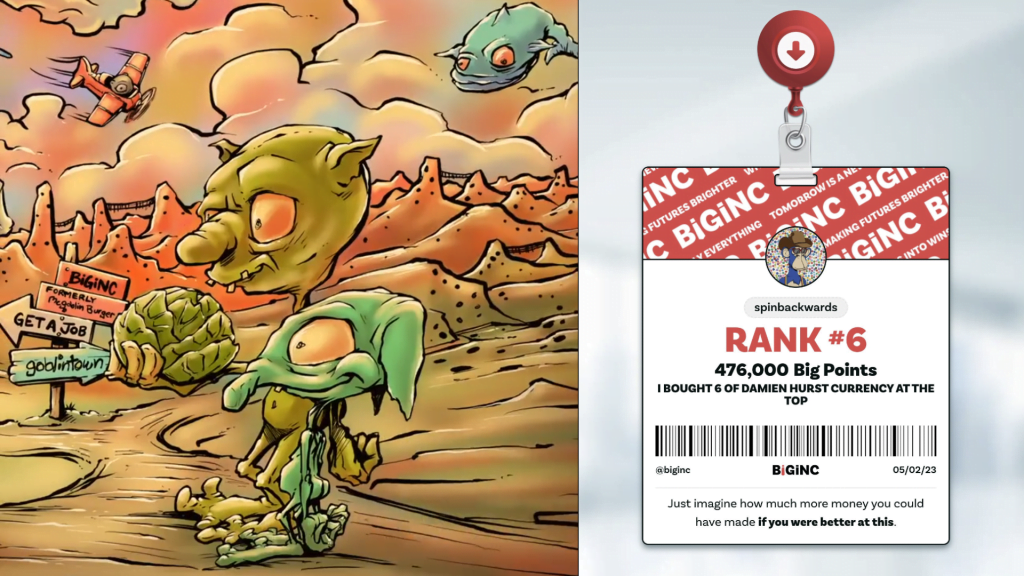 Goblintown recompensa a los malos comerciantes en S2 Mint Goblintown x Big Inc poster with a degen NFT beside it