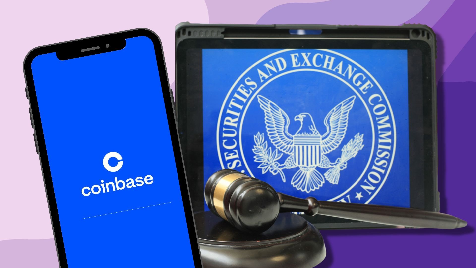 Coinbase responde a la demanda de la SEC con una posición legal firme An illustration showing a smartphone connected to Coinbase and the SEC logo.