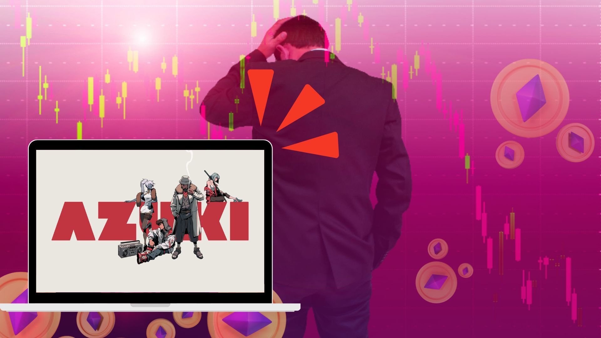 El precio mínimo de Azuki continúa cayendo mientras los compradores entran en pánico Azuki logo superimposed by a "dip" in the stock chart, signifying floor price drops and massive panic sells