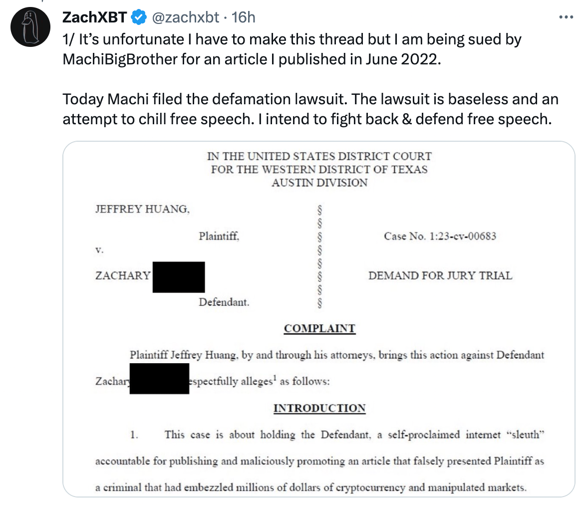 ZachXBT enfrenta demanda por difamación de MachiBigBrother Defamation Battle: Machi Big Brother Files Lawsuit Against ZachXBT for Damaging Allegations