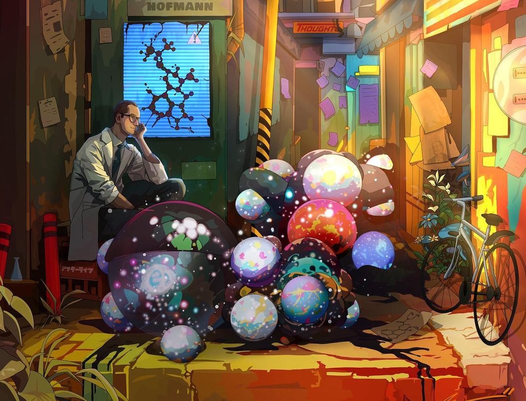 ‘Soul Mapping’ de Christie explora el arte psicodélico image of a psychedelic-inspired digital artwork of a scientist sitting alongside magical planets