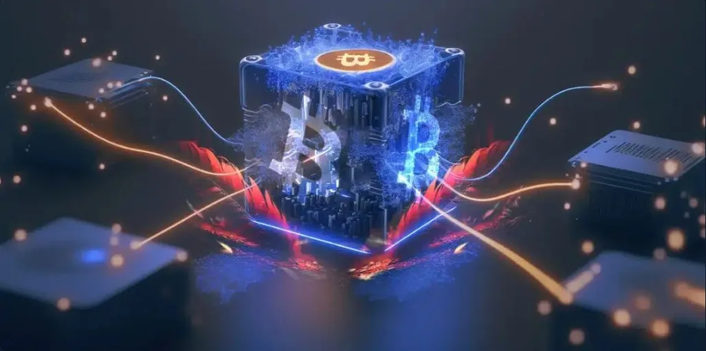 La IA y la minería de Bitcoin, una combinación atractiva para los inversores Un bloque con el logo de Bitcoin y ases de energía rondéandolo