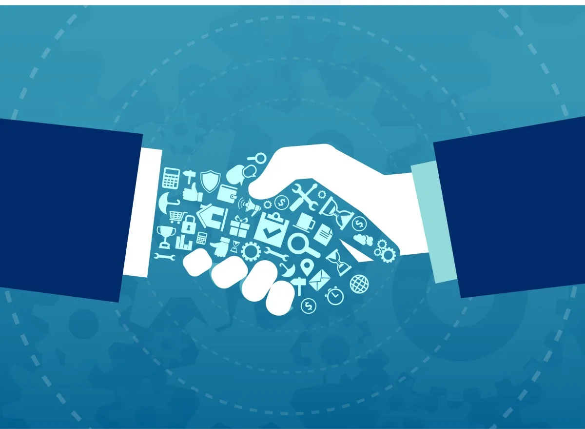 GettyImages-1023100470.jpg Vector illustration of a businessmen handshake with elements and icons of finance and corporate life tools
